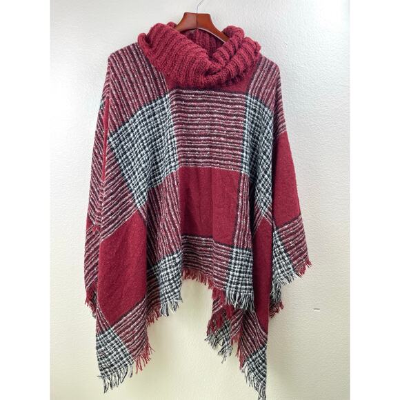 Vintage Anne Klein Poncho OS Fringe Plaid Boho Oversized Cowl Coastal Cottage - Picture 1 of 6
